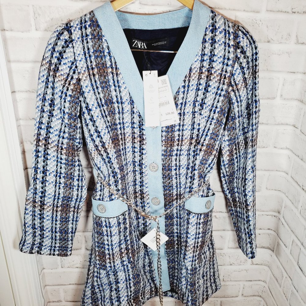 zara textured weave coat silver belt blue long sleeve mini dress size XS 8814 16 - Picture 2 of 7